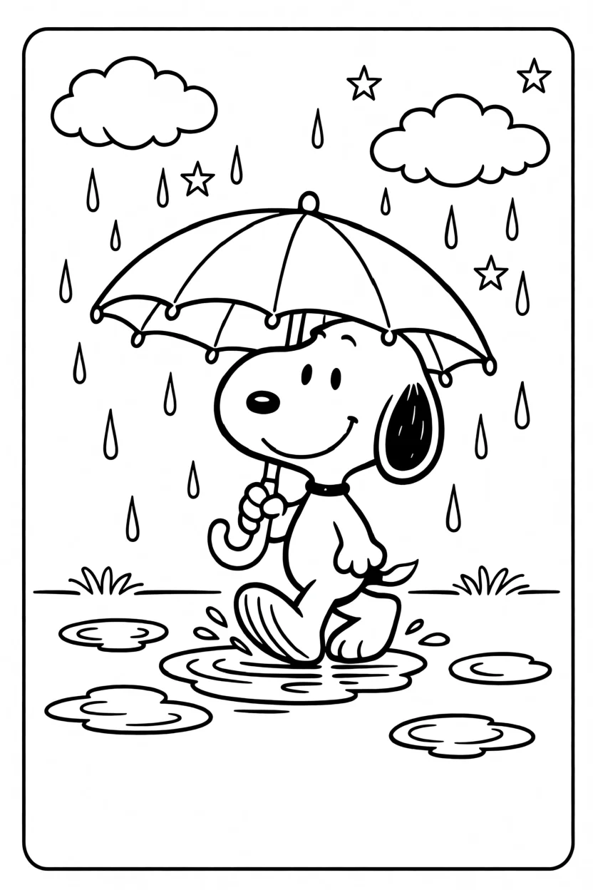 Desenho do Snoopy com Guarda-Chuva Para Imprimir e Colorir