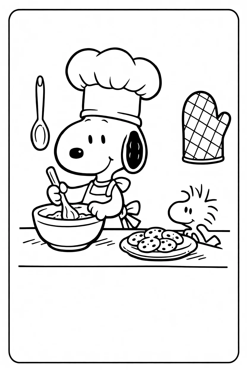 Desenho do Snoopy e Woodstock Cozinhando Para Imprimir e Colorir