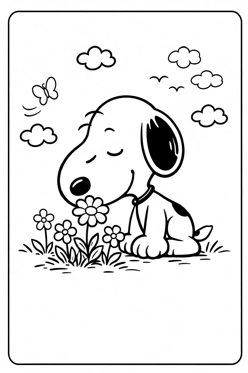 Desenho do Snoopy com Flores Para Imprimir e Colorir