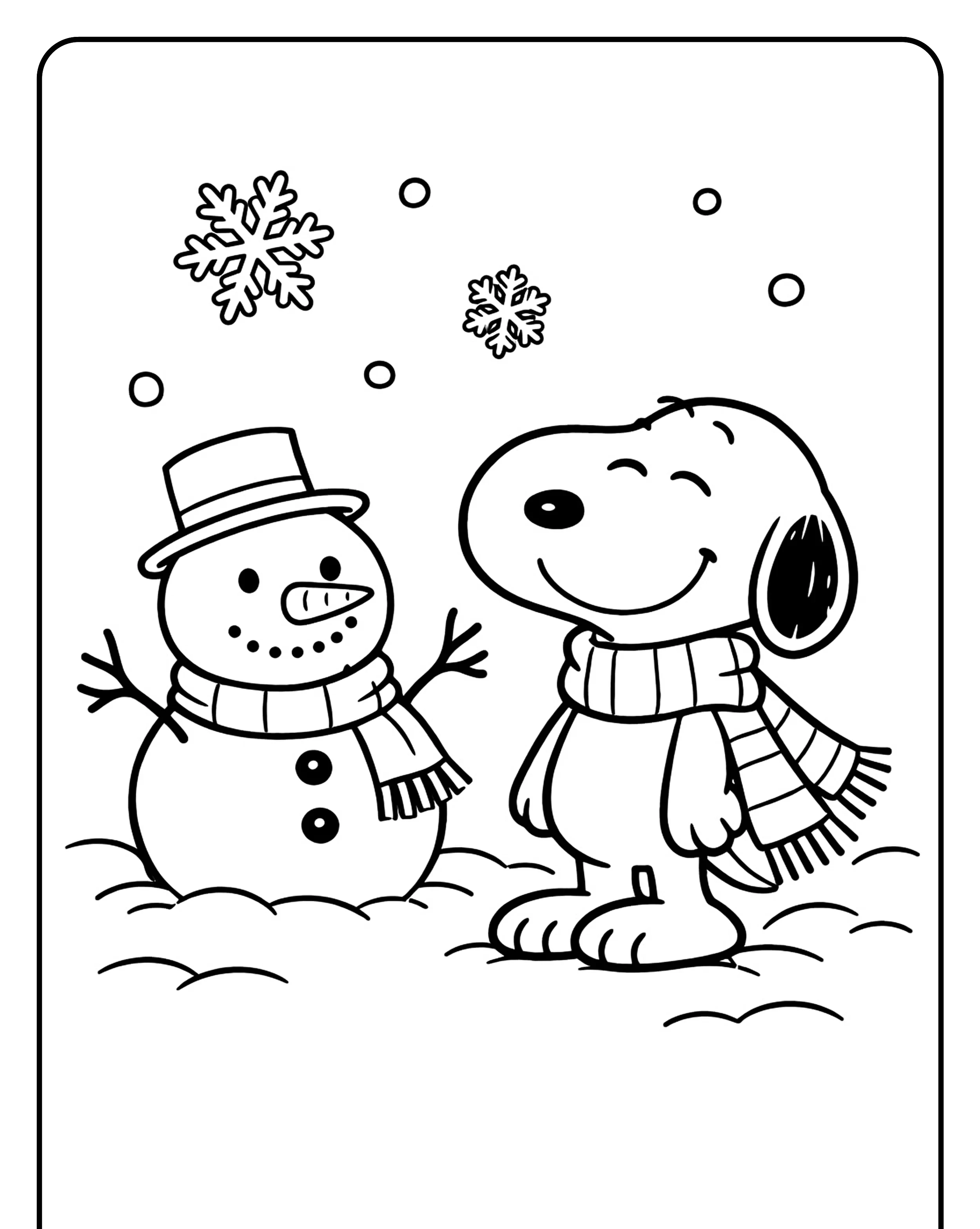 Desenho do Snoopy com Boneco de Neve Para Imprimir e Colorir