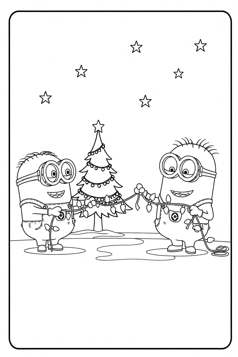 Desenho dos Minions com Luzes Natalinas Para Imprimir e Colorir
