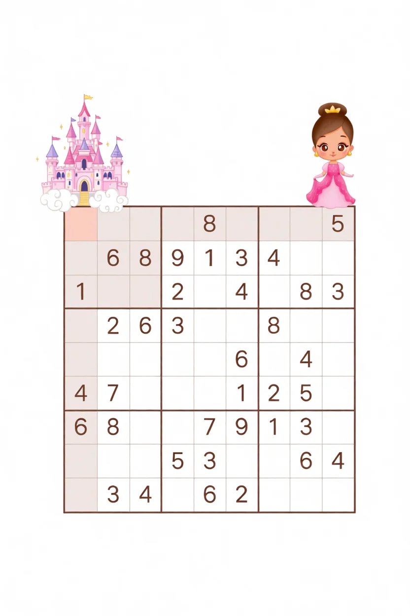 Sudoku Infantil com Princesa e Castelo para Imprimir